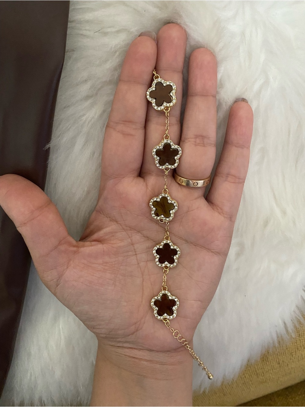 Gold Floral Link Bracelet with Brown Accents